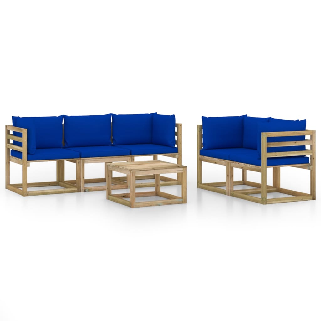 6-Delige Loungeset Met Blauwe Kussens 1 4x hoek + midden + Tafel