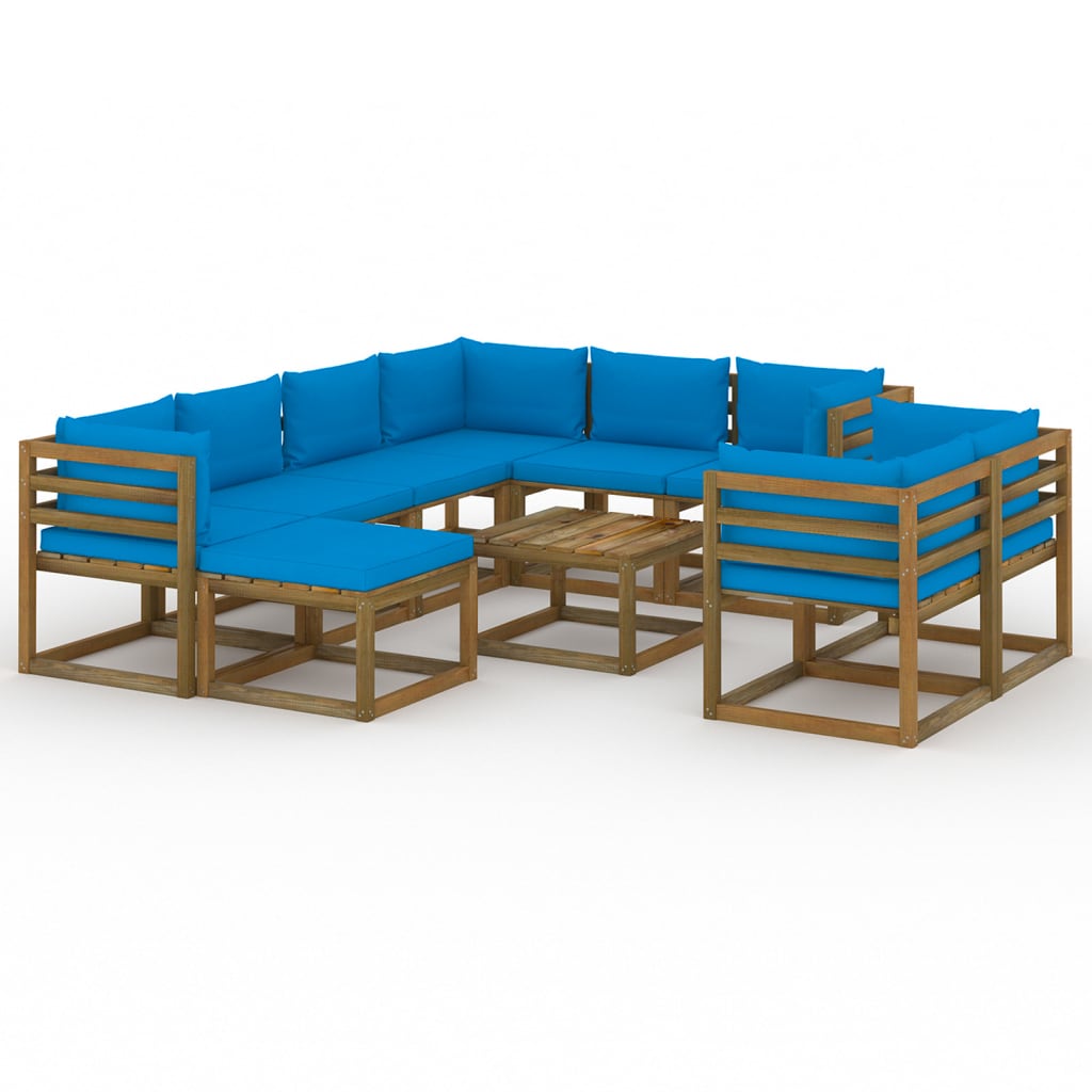 10-Delige Loungeset Met Lichtblauwe Kussens 5x hoek + 3x midden + voetensteun + Tafel