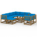 10-Delige Loungeset Met Lichtblauwe Kussens 5x hoek + 3x midden + voetensteun + Tafel