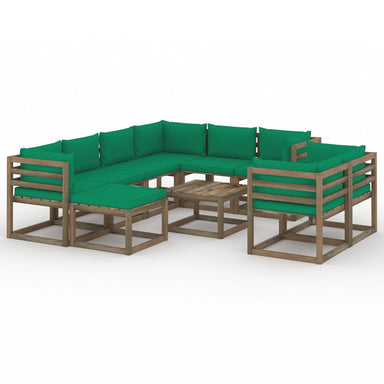 10-Delige Loungeset Met Groene Kussens 5x hoek + 3x midden + voetensteun + Tafel