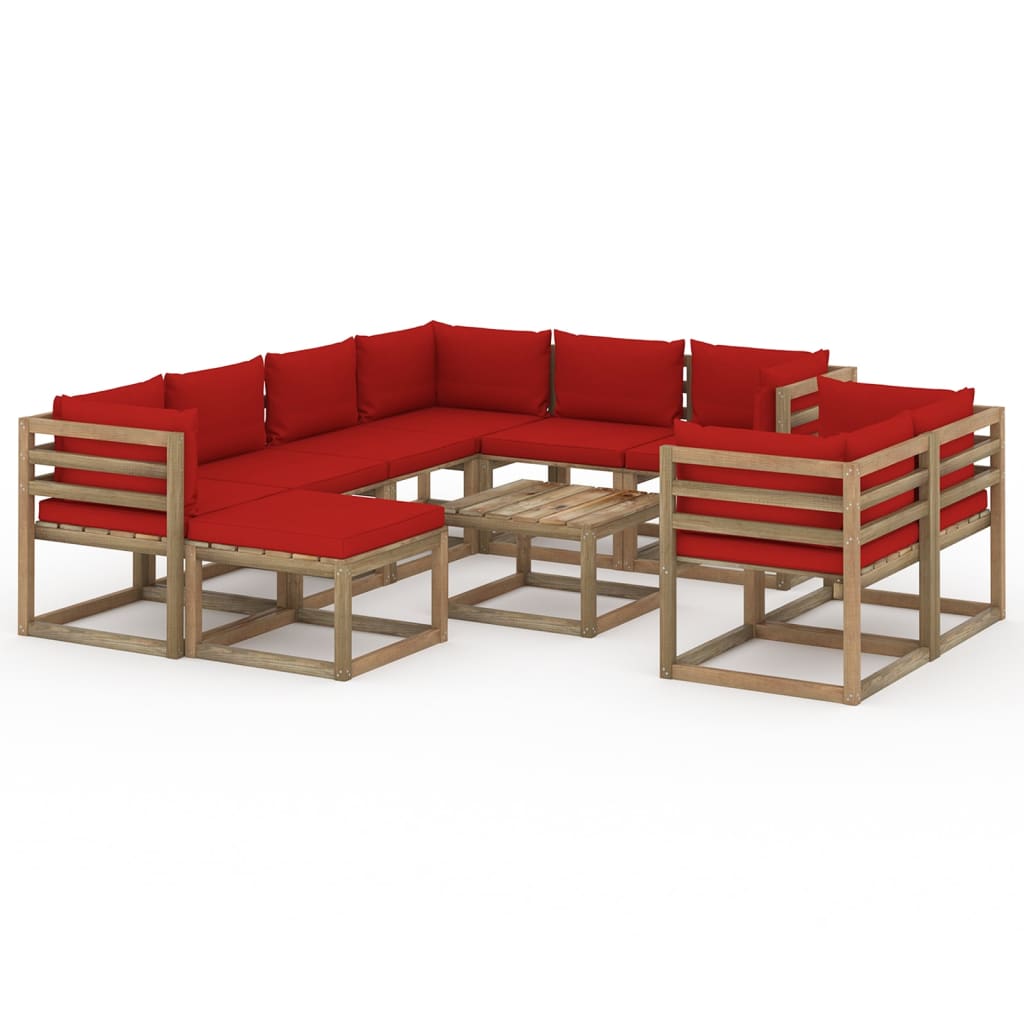 10-Delige Loungeset Met Rode Kussens Rood 5x hoek + 3x midden + voetensteun + Tafel