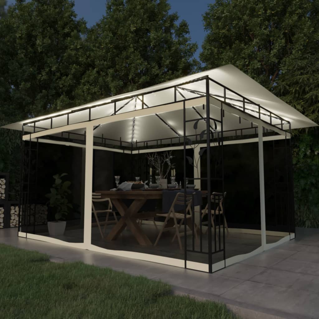 Prieel met klamboe LED-lichtslinger 180 g/m² 4x3x2,73 m crème