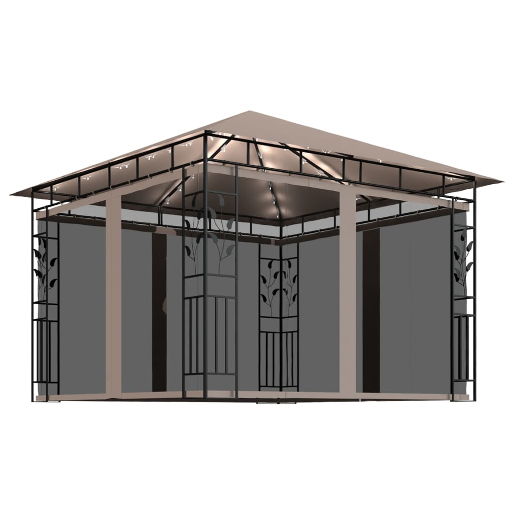 Prieel met klamboe en LED-lichtslinger 3x3x2,73 m taupe