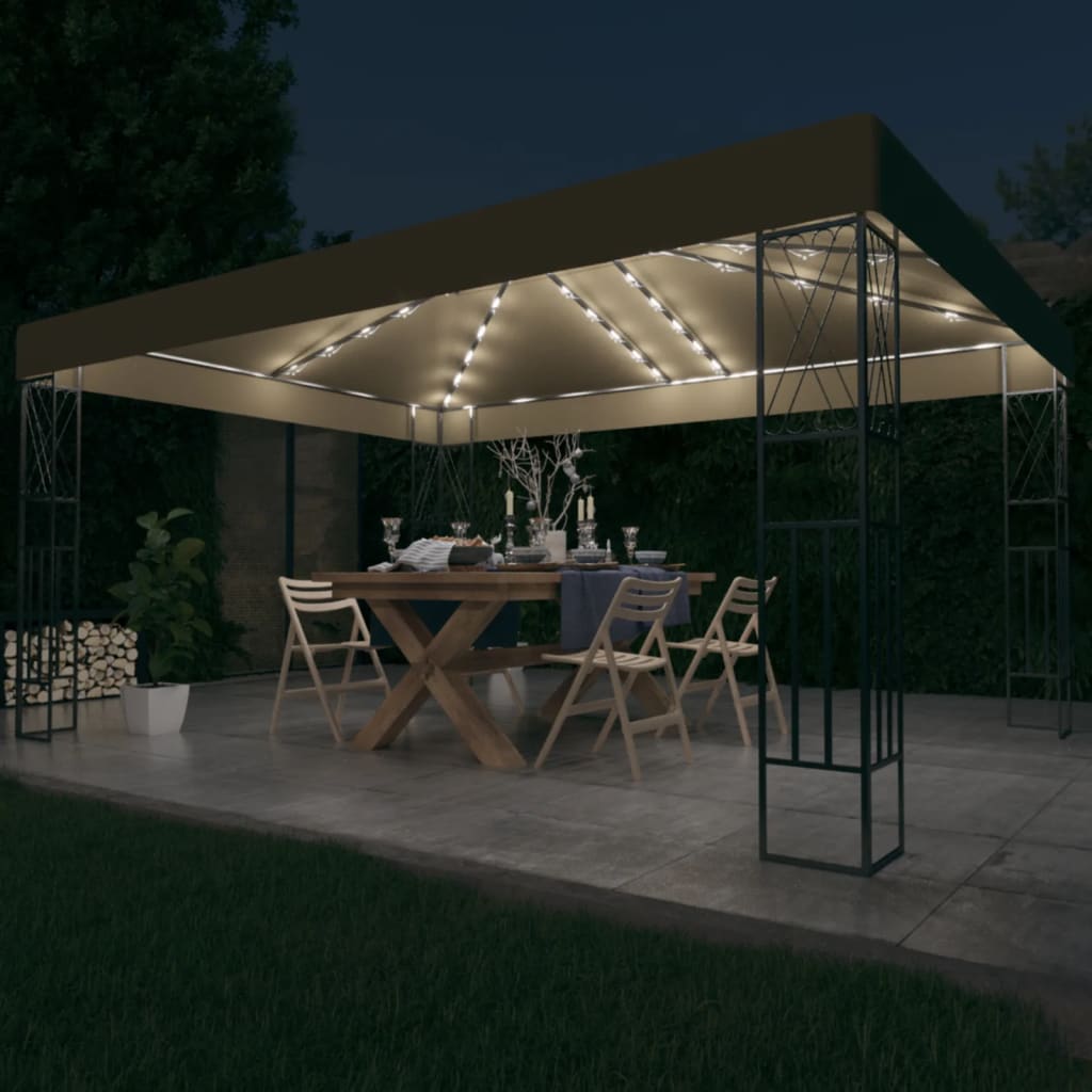 Prieel met LED-lichtslinger 3x4 m stof taupe