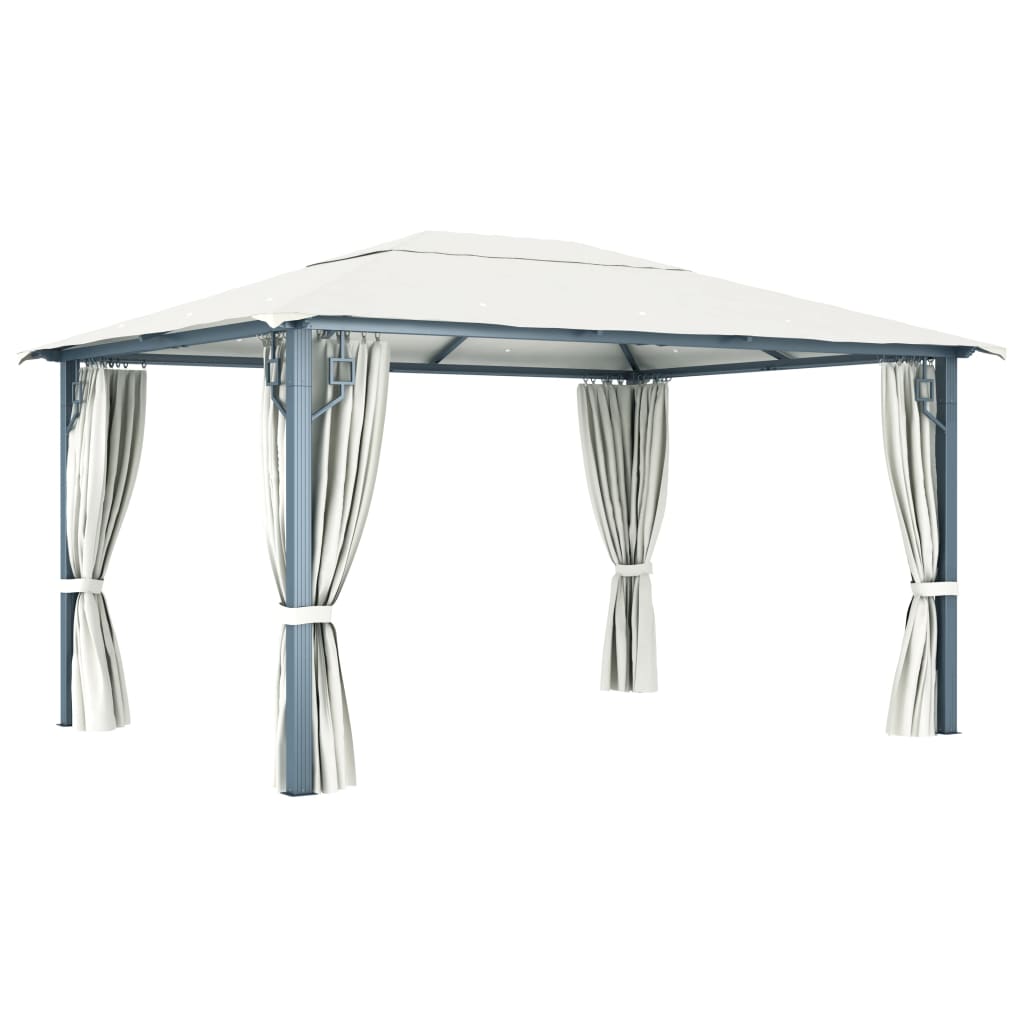 Prieel met gordijn en LED-lichtslinger 4x3 m aluminium crème