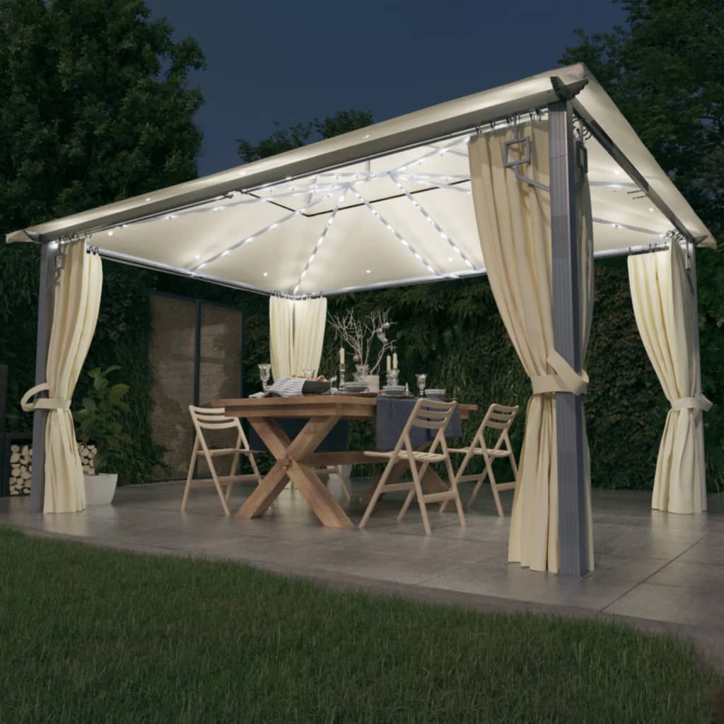 Prieel met gordijn en LED-lichtslinger 4x3 m aluminium crème