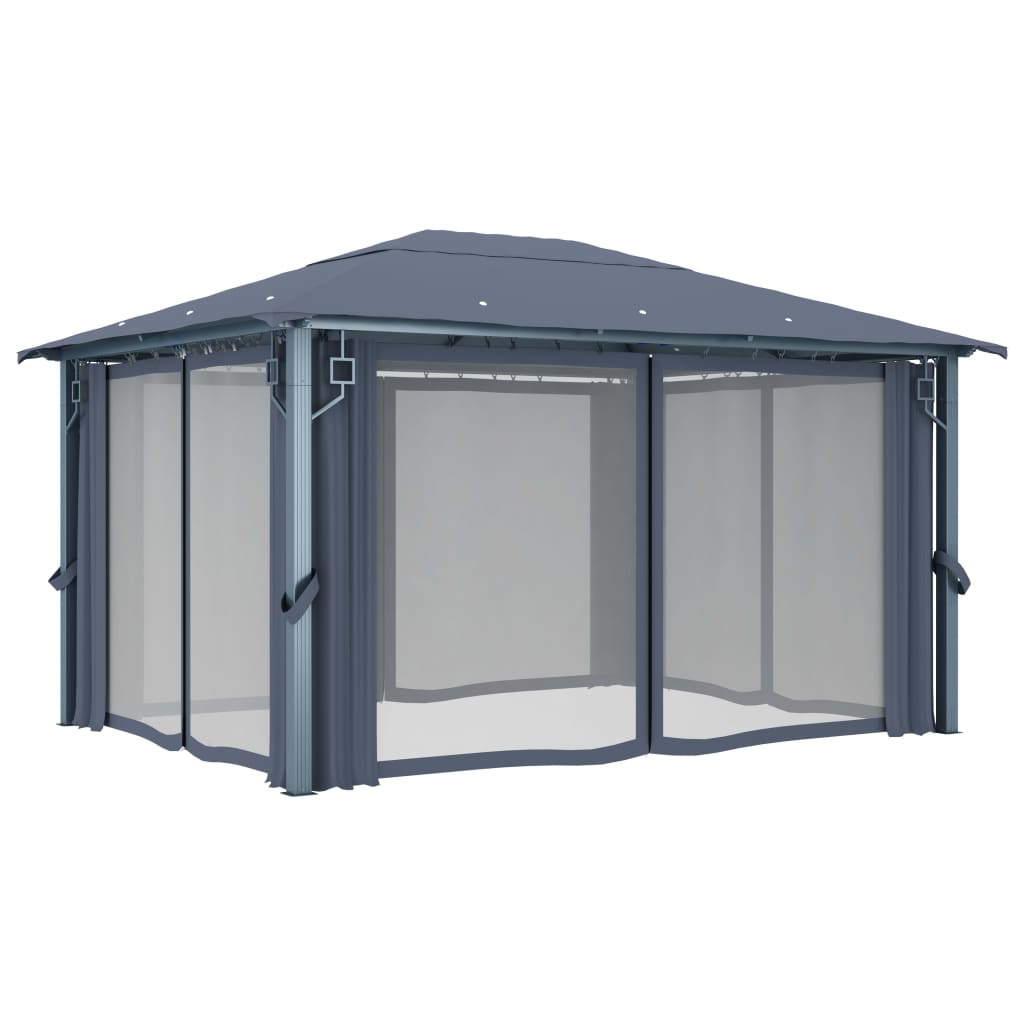 Prieel met gordijn LED-lichtslinger 4x3 m aluminium antraciet