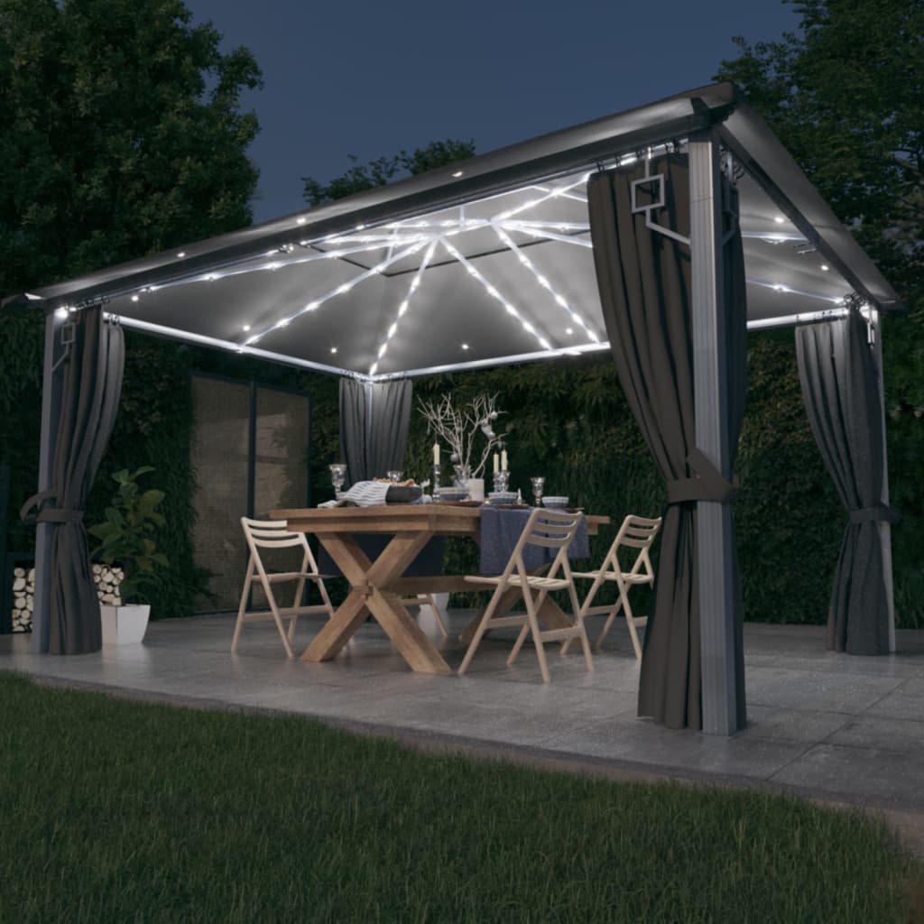 Prieel met gordijn LED-lichtslinger 4x3 m aluminium antraciet