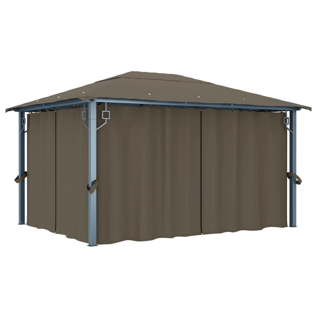 Prieel met gordijn en LED-lichtslinger 4x3 m aluminium taupe