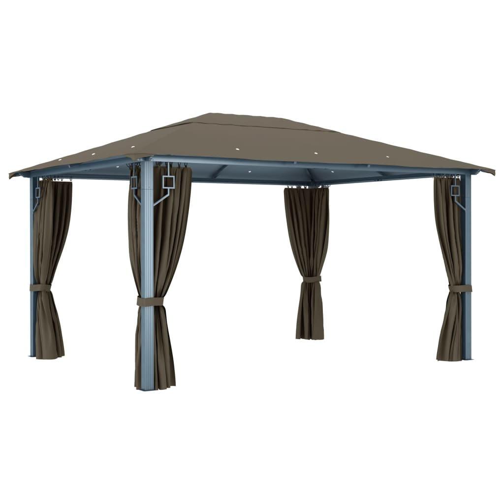 Prieel met gordijn en LED-lichtslinger 4x3 m aluminium taupe