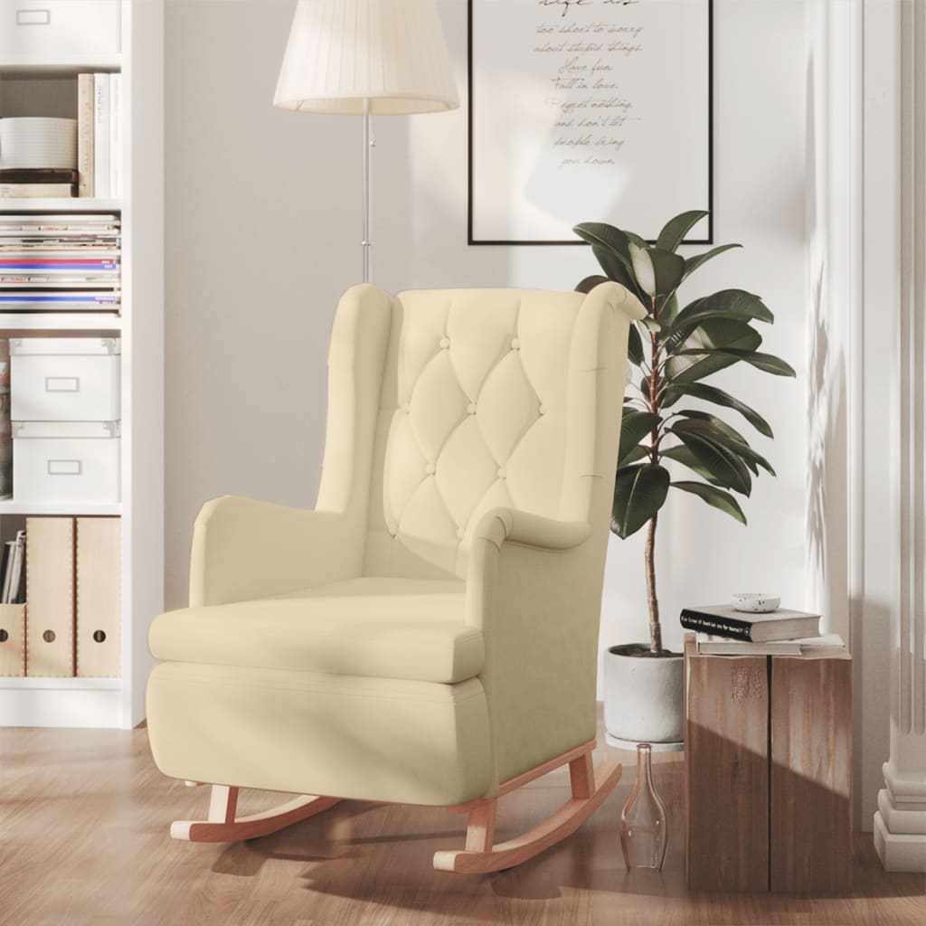 Fauteuil met massief rubberwood schommelpoten stof crèmekleurig