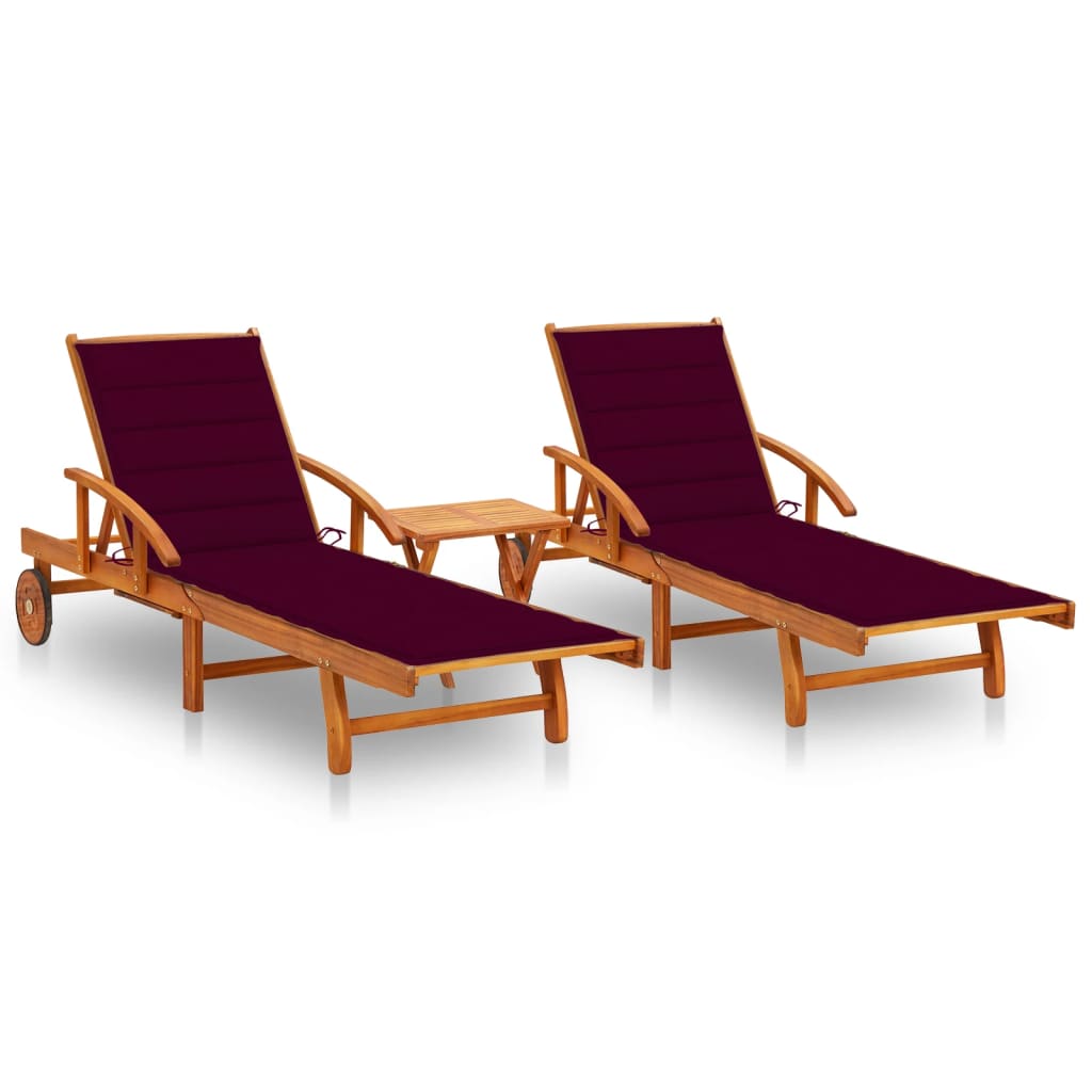Ligstoelen 2 st met tafel en kussens massief acaciahout