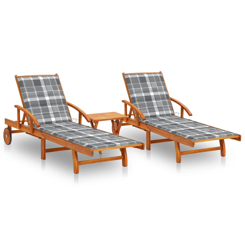 Ligstoelen 2 st met tafel en kussens massief acaciahout