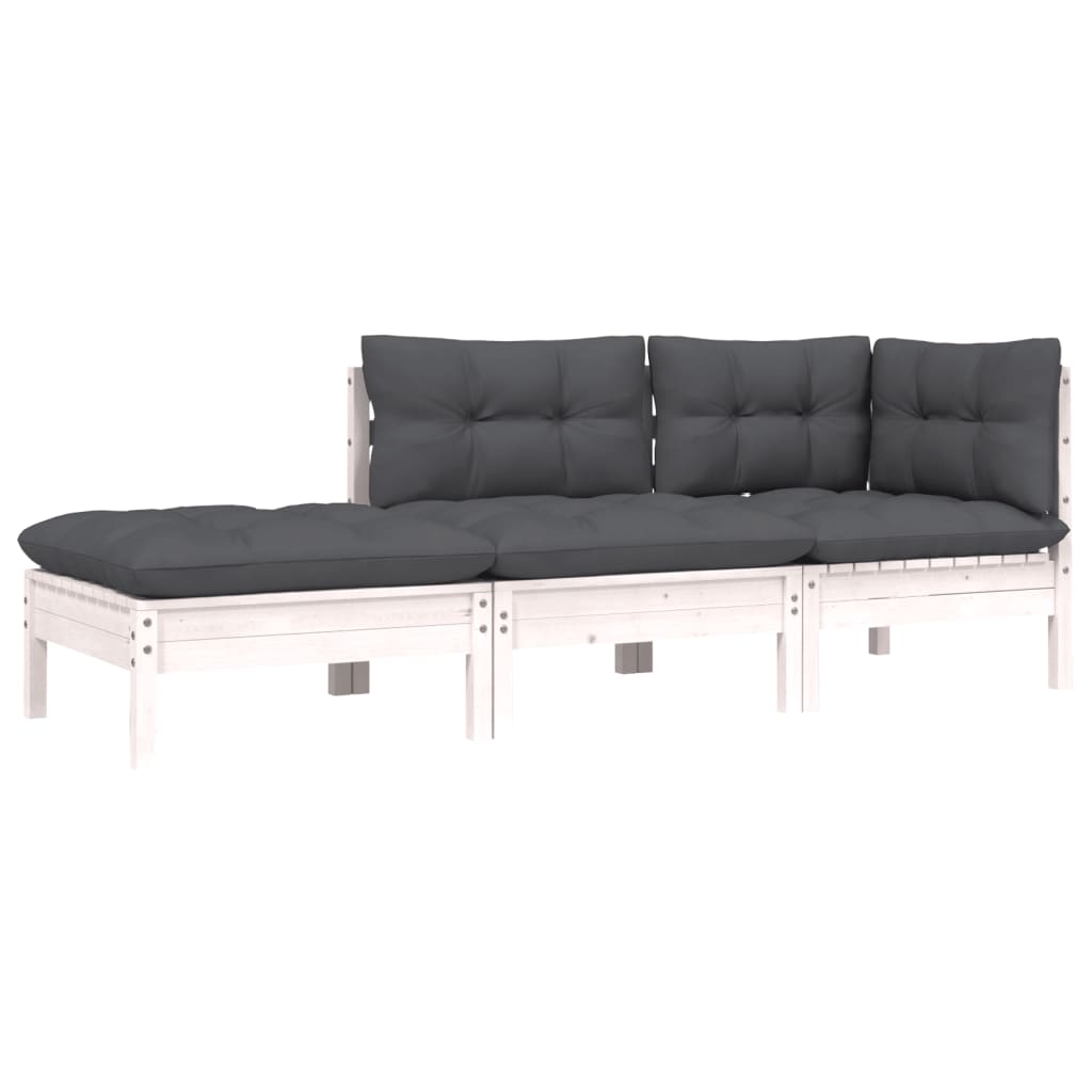 3-Delige Loungeset Met Kussens Massief Grenenhout Wit hoek + midden + voetensteun