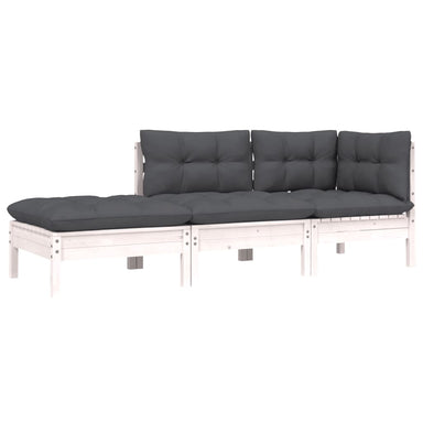 3-Delige Loungeset Met Kussens Massief Grenenhout Wit hoek + midden + voetensteun
