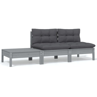 3-Delige Loungeset Met Kussens Massief Grenenhout Grijs 2x midden + Tafel