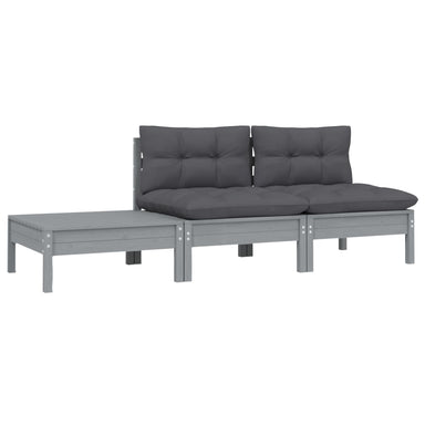 3-Delige Loungeset Met Kussens Massief Grenenhout Grijs 2x midden + Tafel