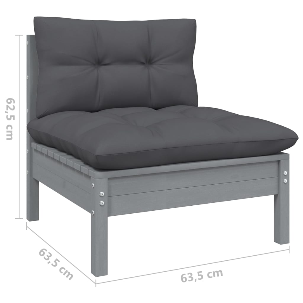 3-Delige Loungeset Met Kussens Massief Grenenhout Grijs 2x midden + Tafel