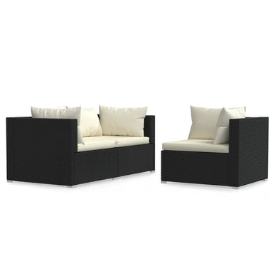 3-Delige Loungeset Met Kussens Poly Rattan Zwart 1 Zwart en crème 3x hoek