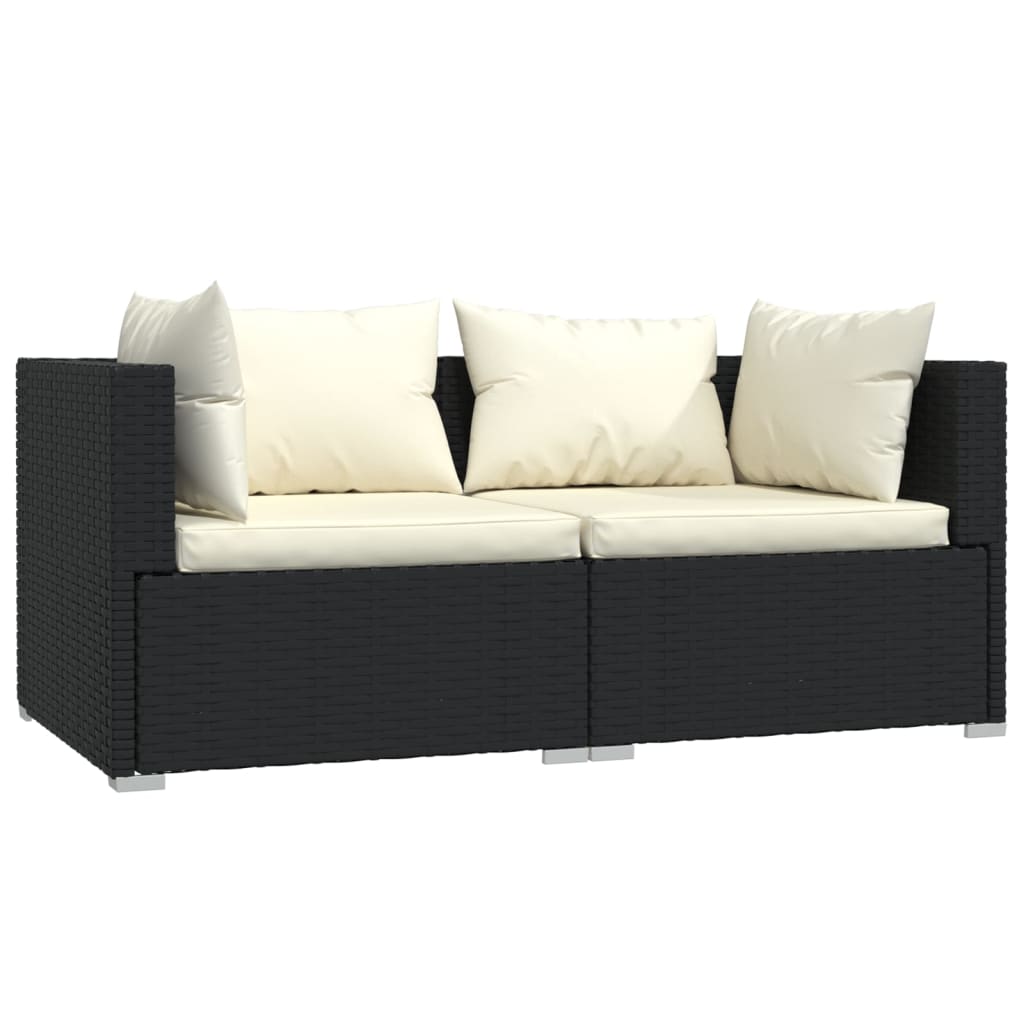 3-Delige Loungeset Met Kussens Poly Rattan Zwart 1 Zwart en crème 3x hoek