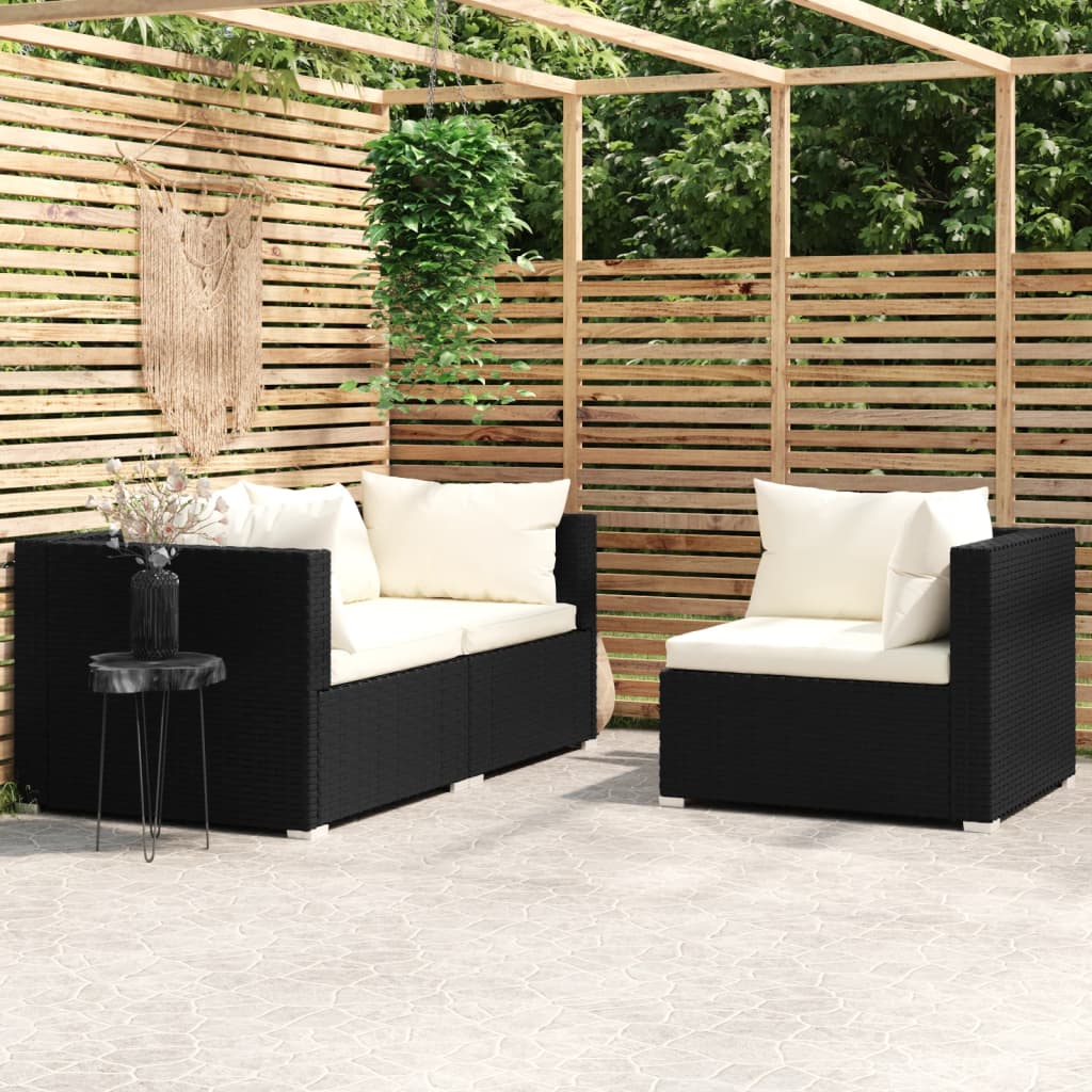 3-Delige Loungeset Met Kussens Poly Rattan Zwart 1 Zwart en crème 3x hoek