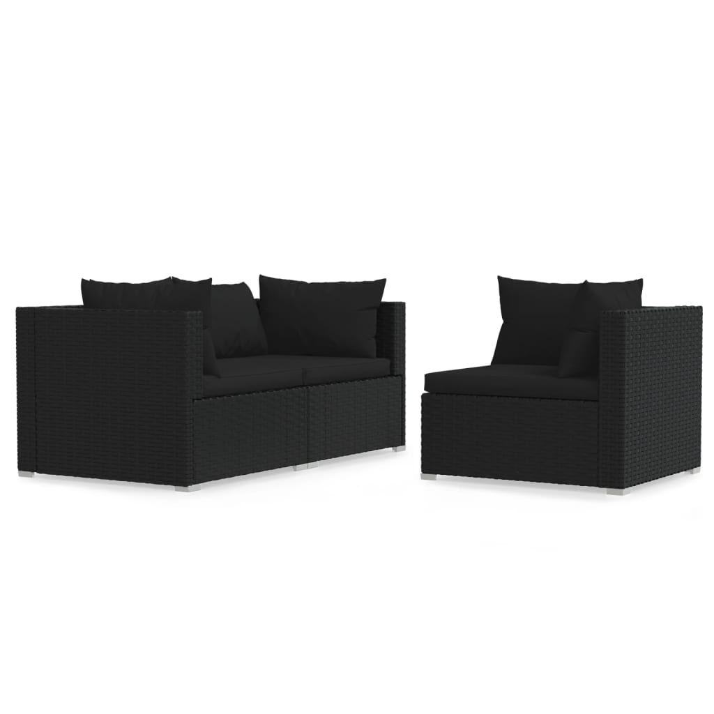 3-Delige Loungeset Met Kussens Poly Rattan Zwart 1 3x hoek
