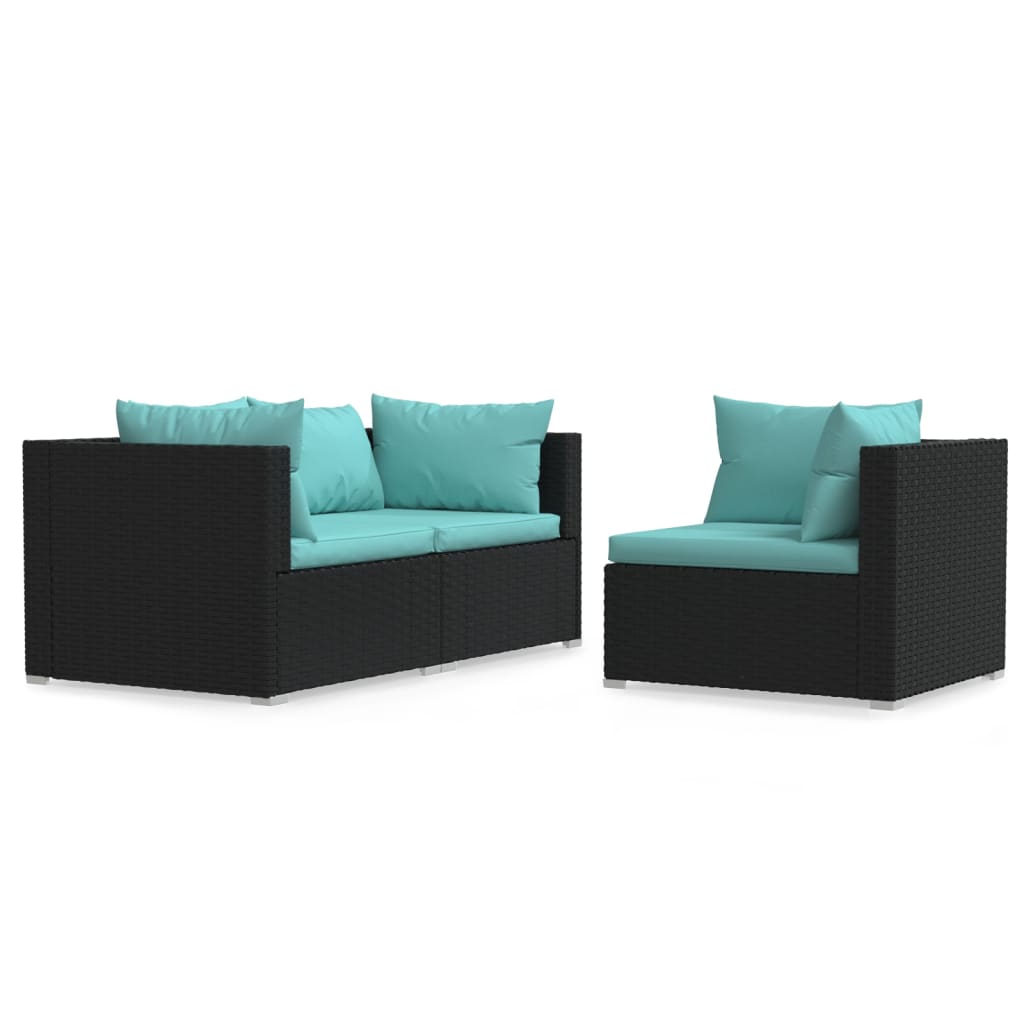 3-Delige Loungeset Met Kussens Poly Rattan Zwart 1 Zwart en aqua 3x hoek