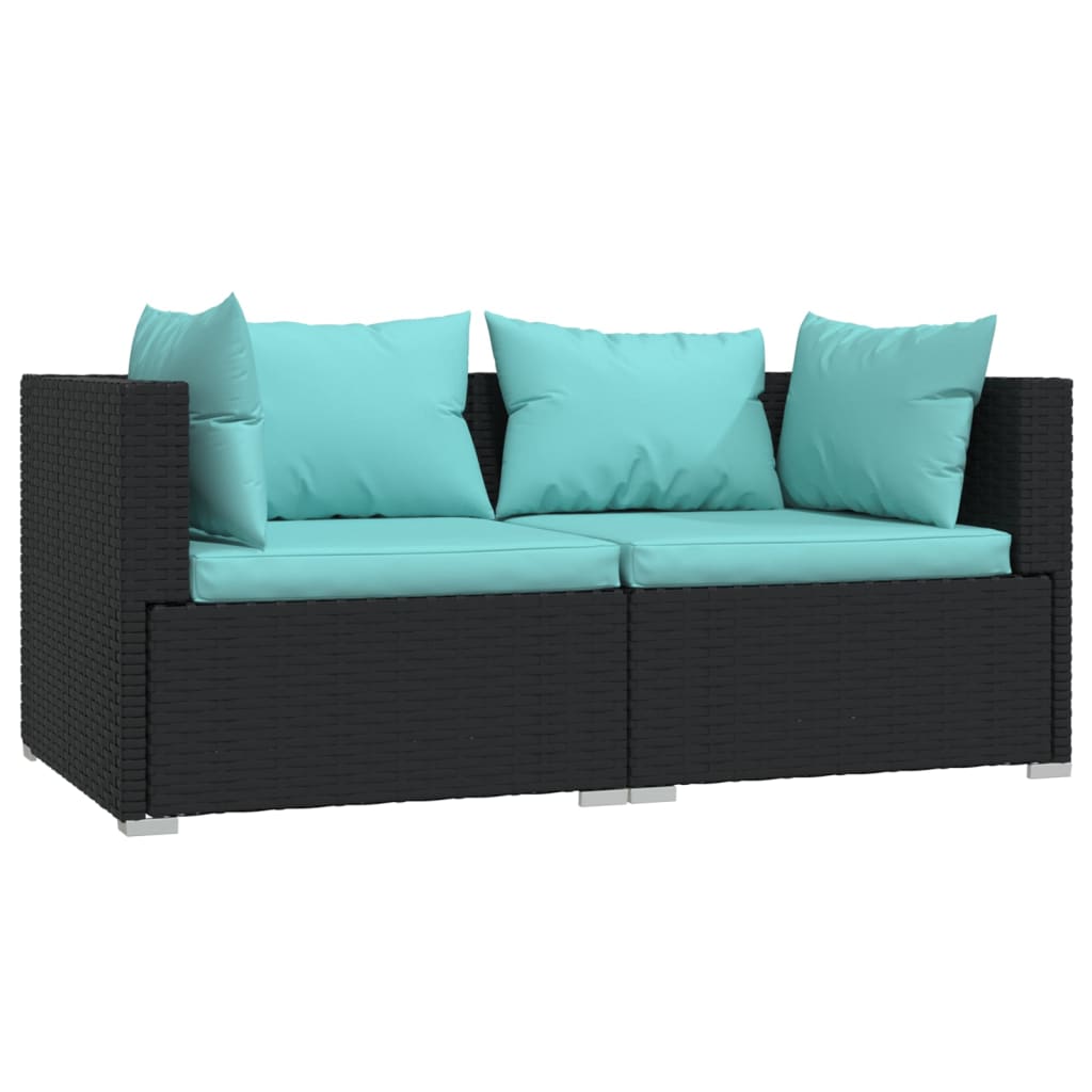 3-Delige Loungeset Met Kussens Poly Rattan Zwart 1 Zwart en aqua 3x hoek