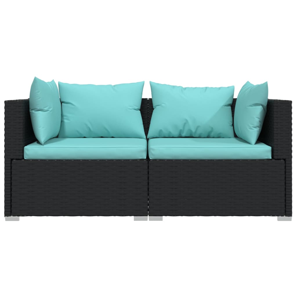 3-Delige Loungeset Met Kussens Poly Rattan Zwart 1 Zwart en aqua 3x hoek