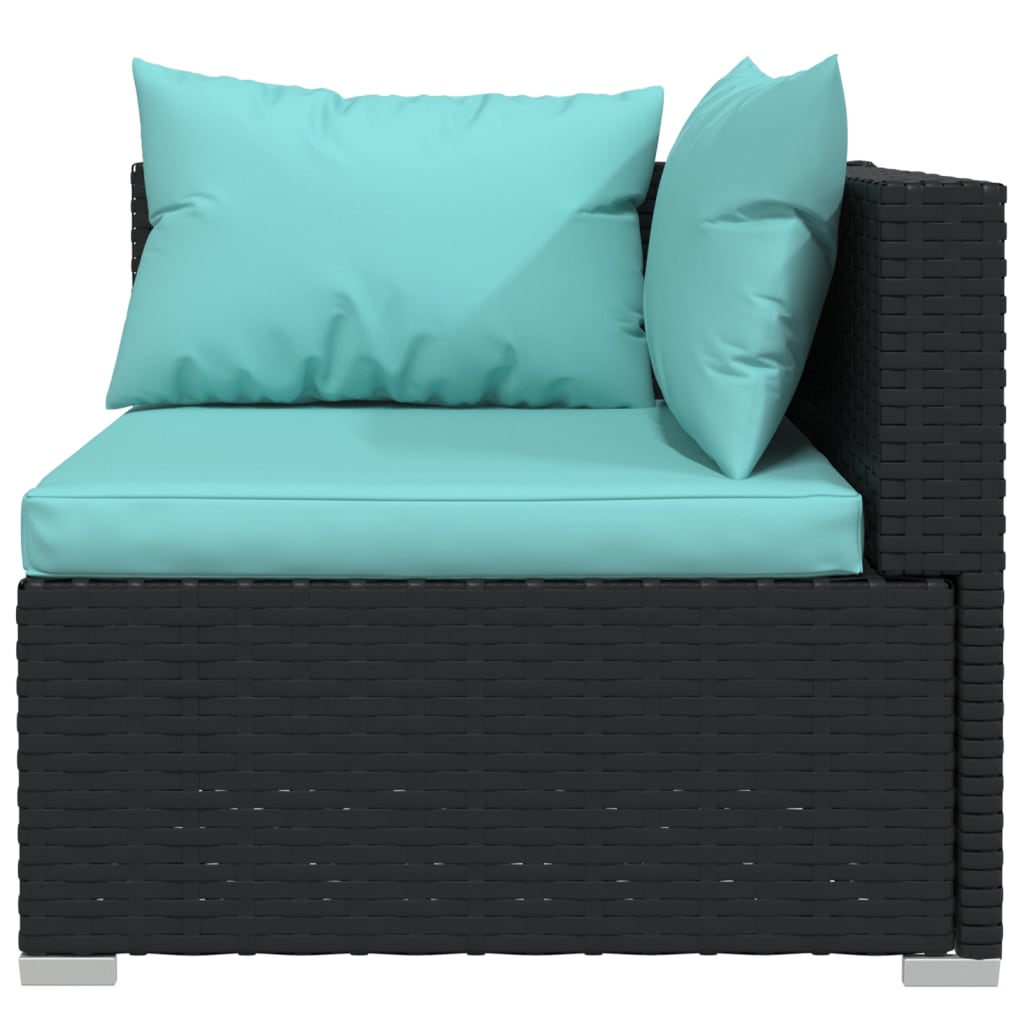 3-Delige Loungeset Met Kussens Poly Rattan Zwart 1 Zwart en aqua 3x hoek