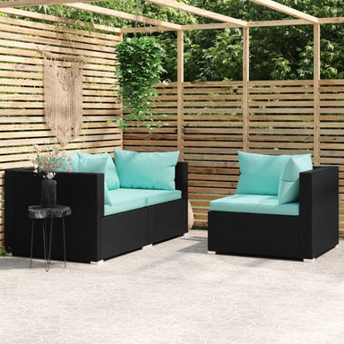 3-Delige Loungeset Met Kussens Poly Rattan Zwart 1 Zwart en aqua 3x hoek