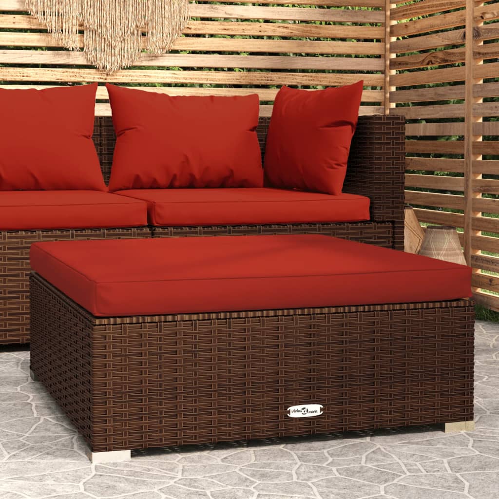 Tuinvoetenbank Met Kussen 70X70X30 Cm Poly Rattan Bruin 1 Bruin en kaneelrood Voetensteun