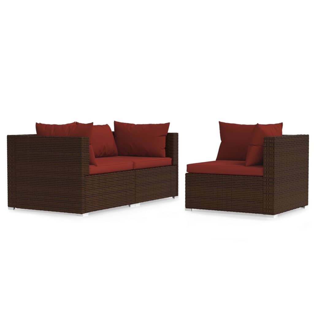 3-Delige Loungeset Met Kussens Poly Rattan Bruin 1 Bruin en kaneelrood 3x hoek