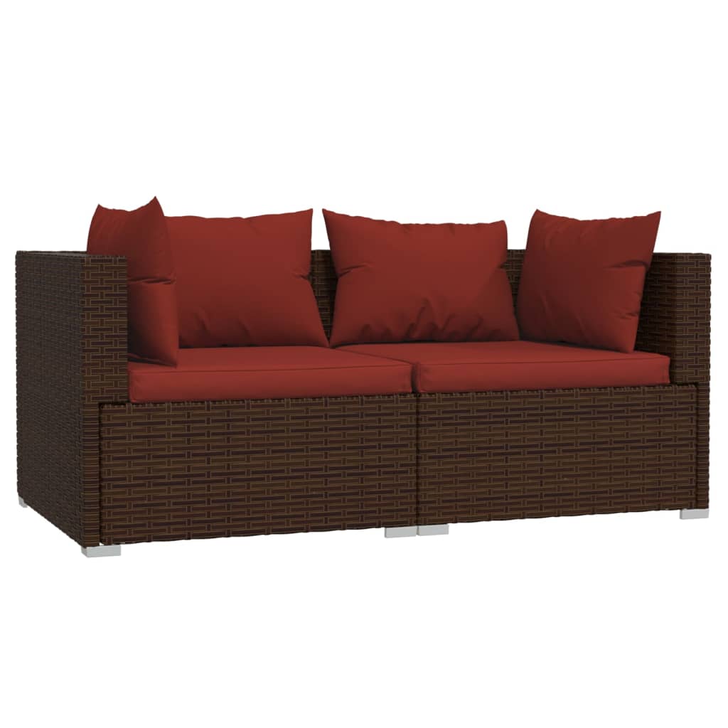 3-Delige Loungeset Met Kussens Poly Rattan Bruin 1 Bruin en kaneelrood 3x hoek