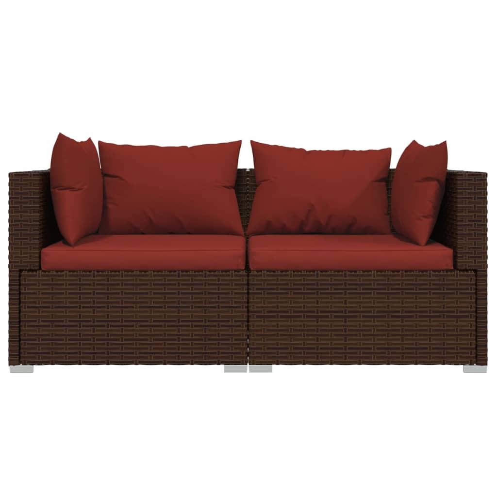 3-Delige Loungeset Met Kussens Poly Rattan Bruin 1 Bruin en kaneelrood 3x hoek