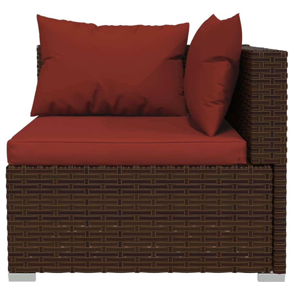 3-Delige Loungeset Met Kussens Poly Rattan Bruin 1 Bruin en kaneelrood 3x hoek