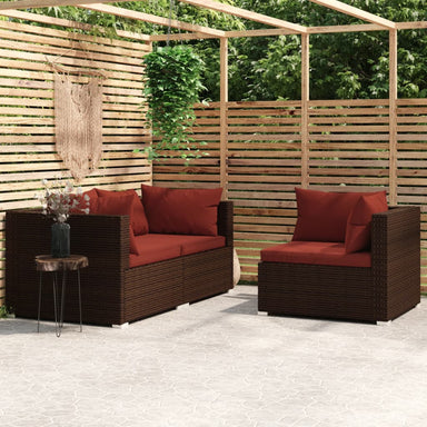 3-Delige Loungeset Met Kussens Poly Rattan Bruin 1 Bruin en kaneelrood 3x hoek