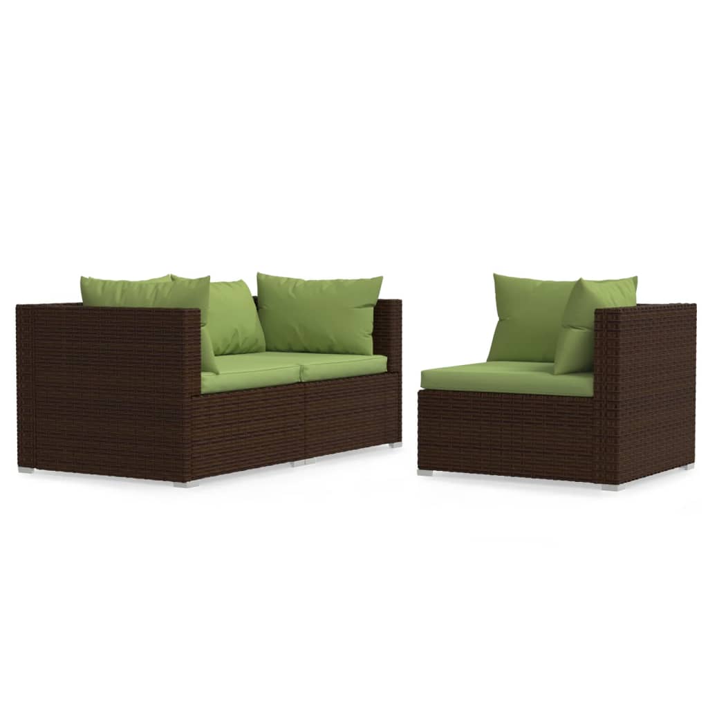 3-Delige Loungeset Met Kussens Poly Rattan Bruin 1 Bruin en groen 3x hoek