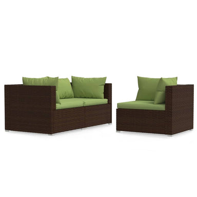 3-Delige Loungeset Met Kussens Poly Rattan Bruin 1 Bruin en groen 3x hoek