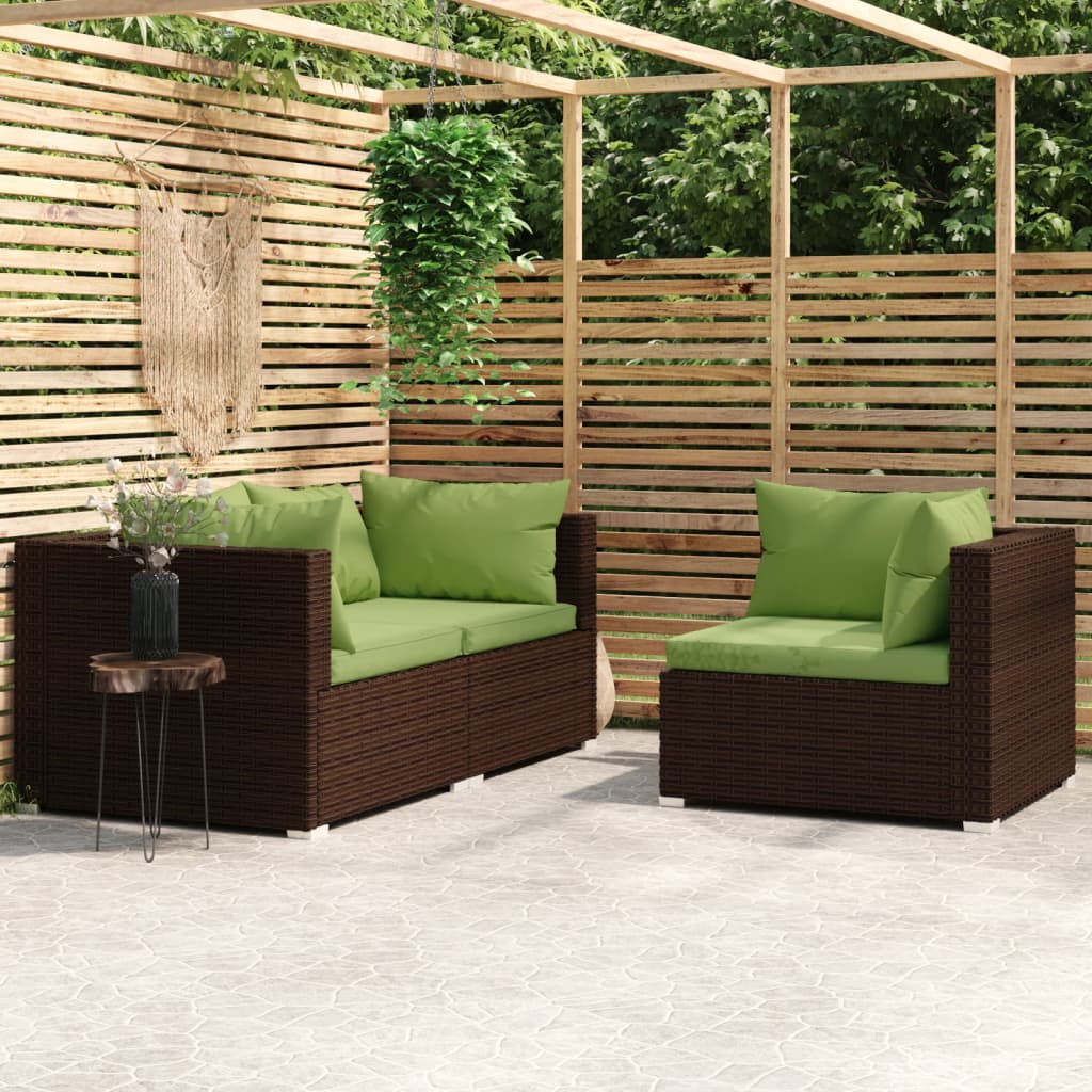 3-Delige Loungeset Met Kussens Poly Rattan Bruin 1 Bruin en groen 3x hoek