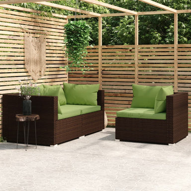 3-Delige Loungeset Met Kussens Poly Rattan Bruin 1 Bruin en groen 3x hoek