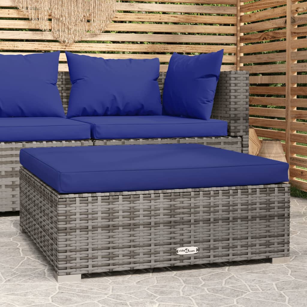 Tuinvoetenbank Met Kussen 70X70X30 Cm Poly Rattan Grijs 1 Grijs en donkerblauw Voetensteun