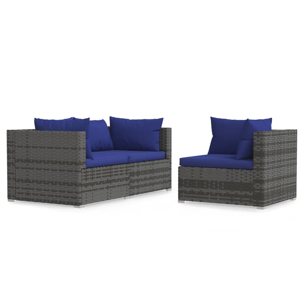 3-Delige Loungeset Met Kussens Poly Rattan Grijs 1 Grijs en donkerblauw 3x hoek