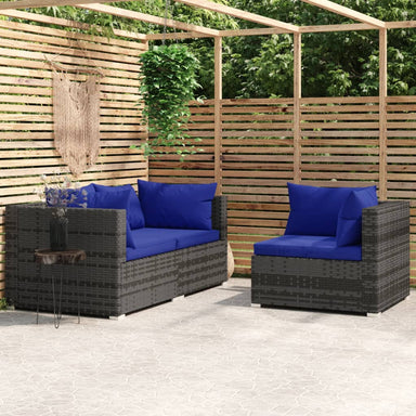 3-Delige Loungeset Met Kussens Poly Rattan Grijs 1 Grijs en donkerblauw 3x hoek