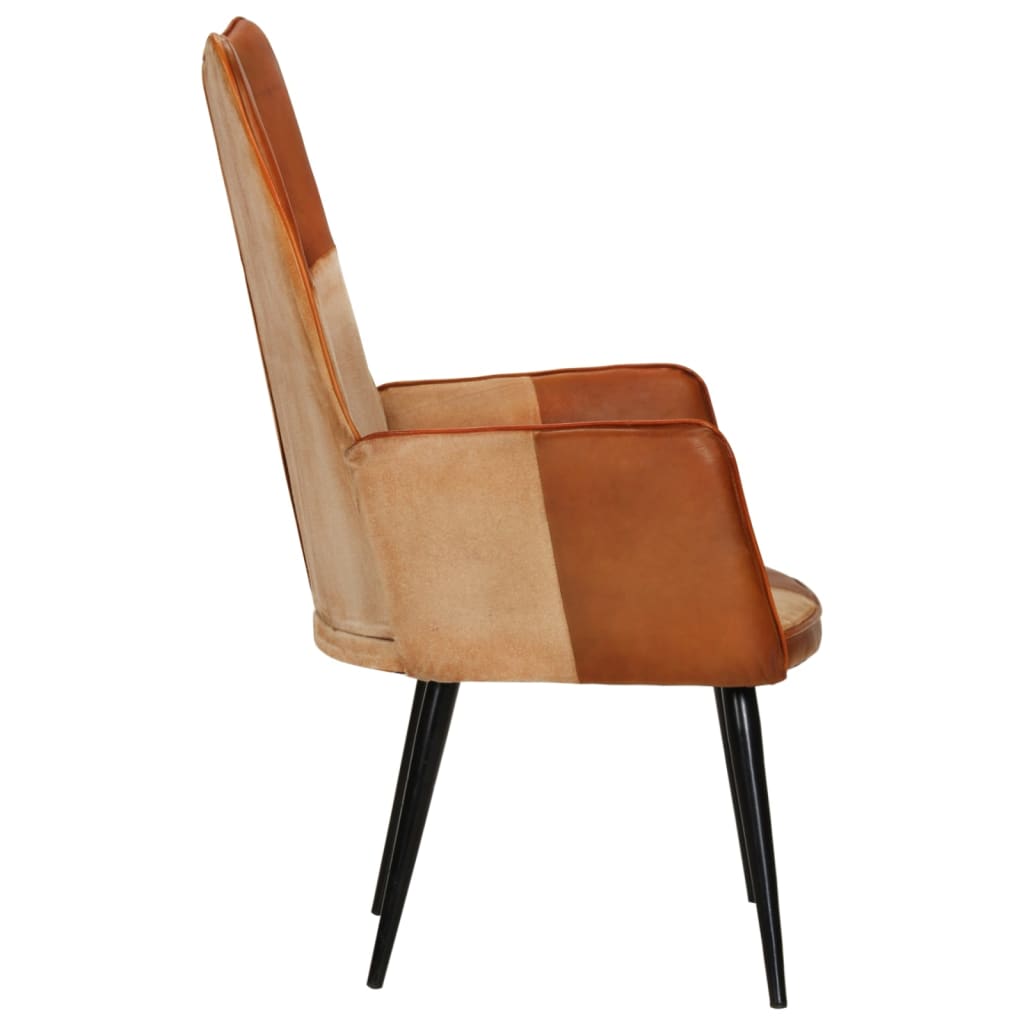 Fauteuil echt leer bruin en crèmekleurig