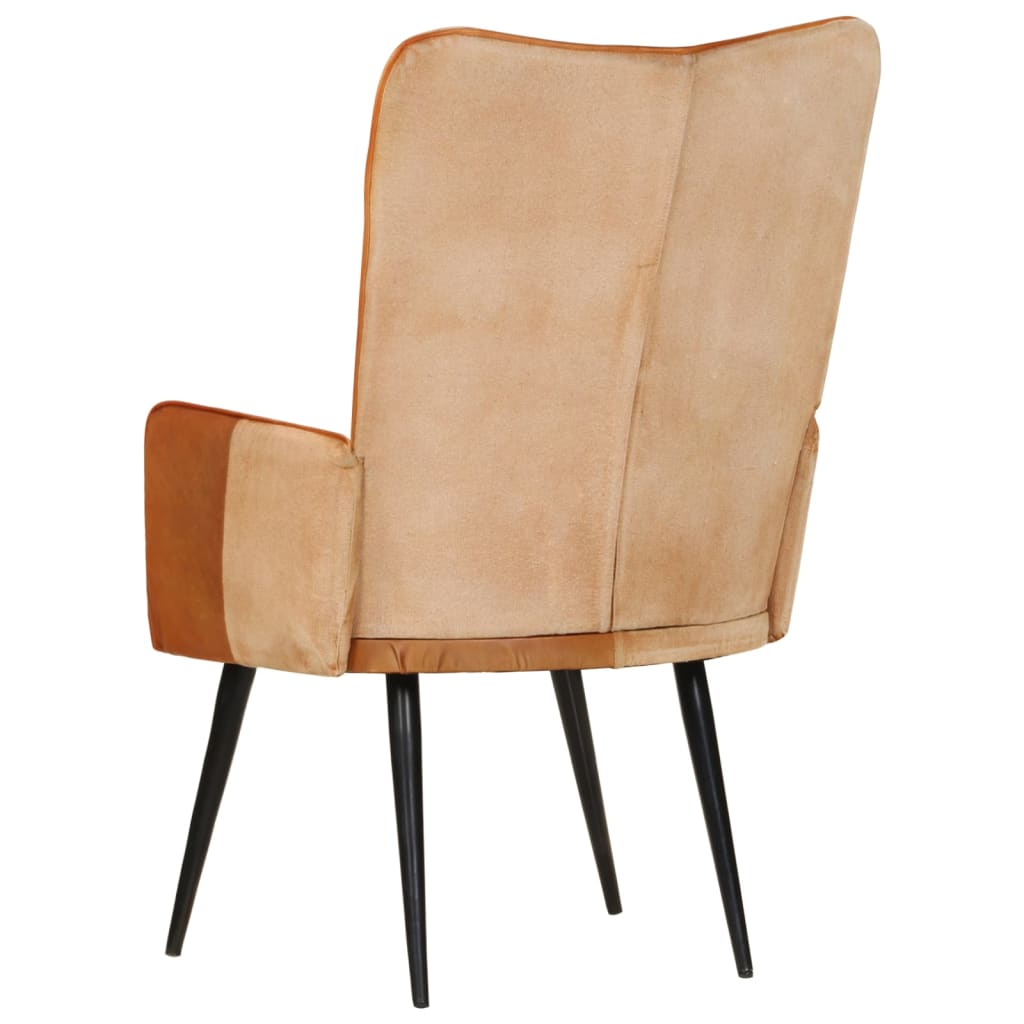 Fauteuil echt leer bruin en crèmekleurig
