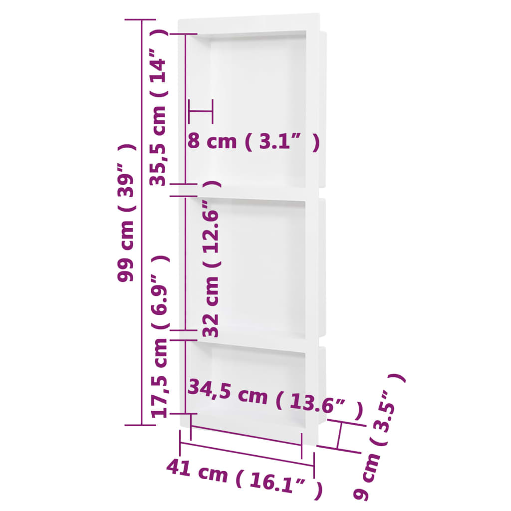 Douchenis met 3 vakken 41x99x9 cm hoogglans wit