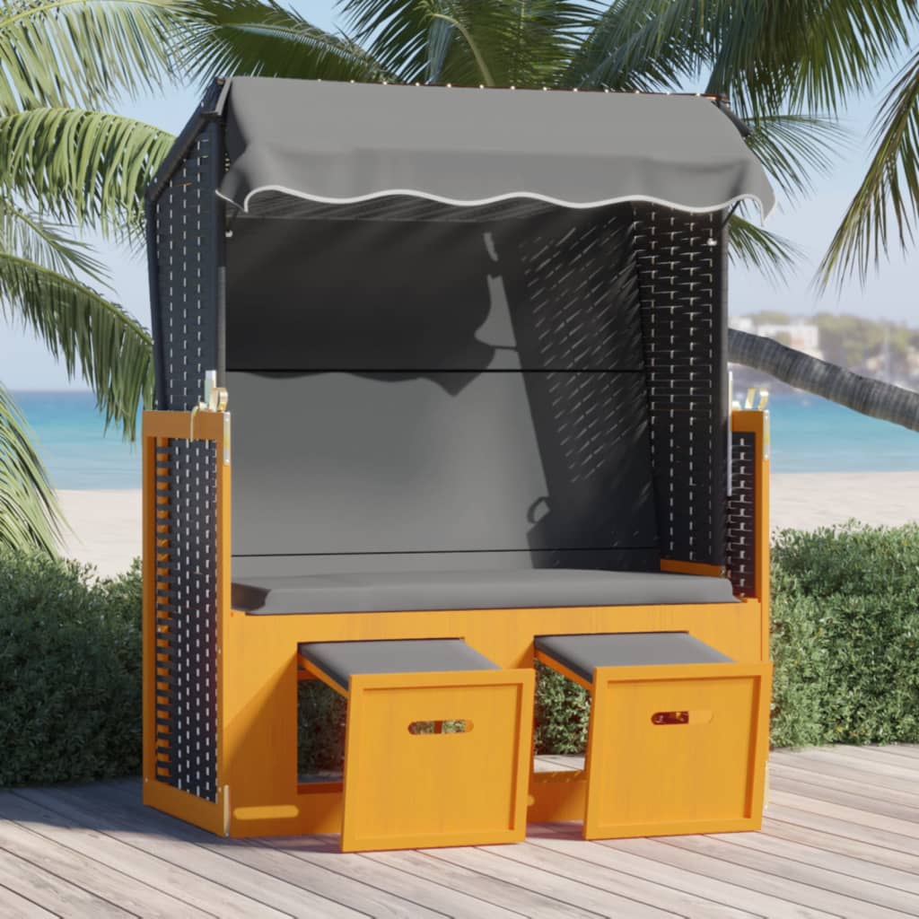 Strandstoel met luifel poly rattan en hout zwart en antraciet