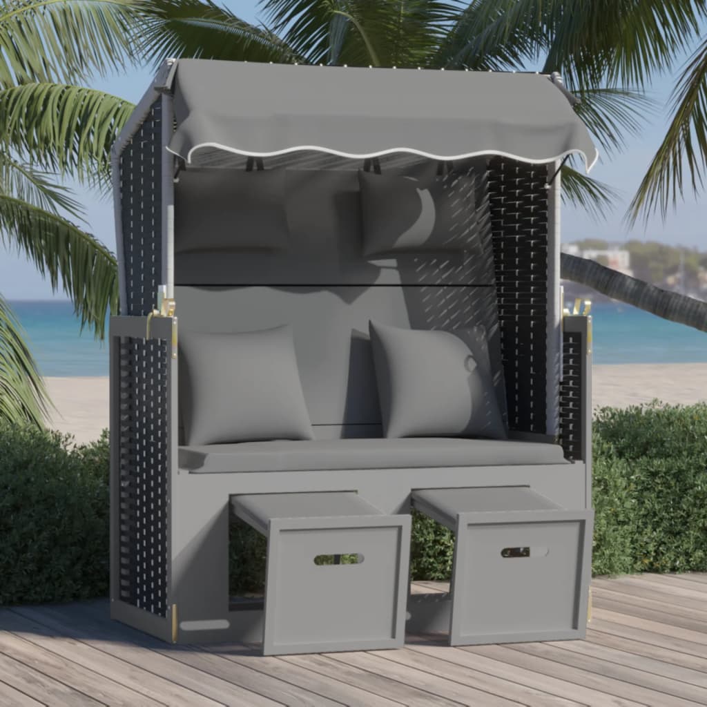 Strandstoel met kussen poly rattan en hout antraciet en zwart