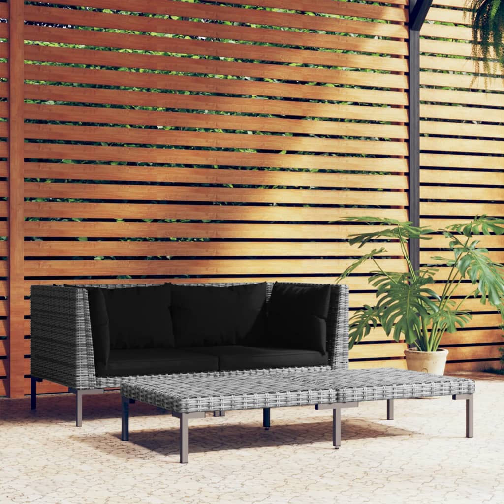 3-Delige Loungeset Halfrond Poly Rattan Donkergrijs 1 2x hoek + Tafel